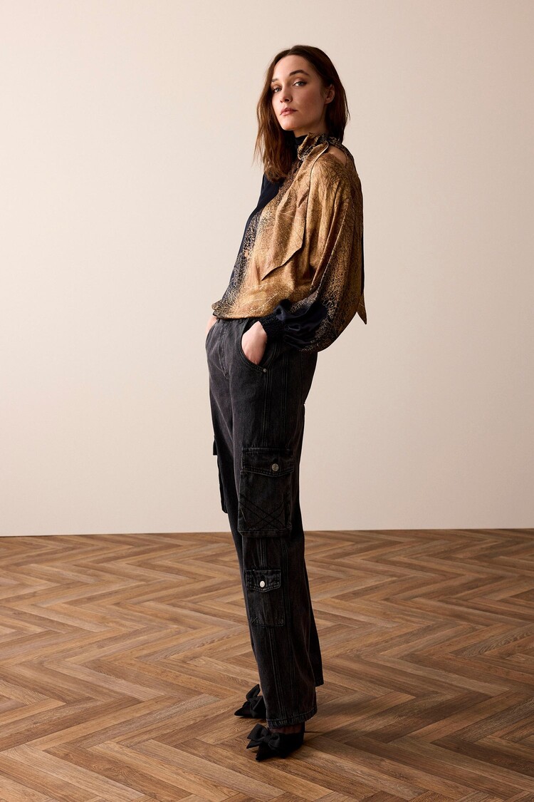 Top met bladprint camel brown Summum Woman