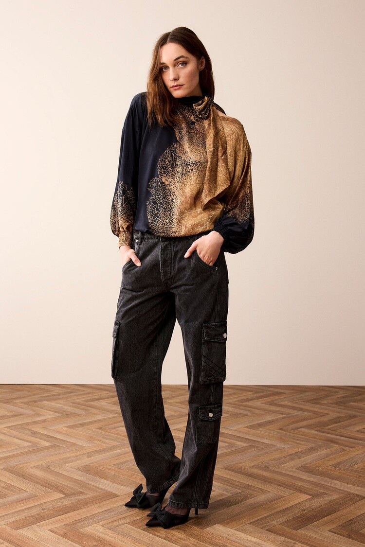 Summum Woman Top met bladprint camel brown Summum Woman