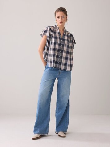 Summum Woman Sleeveless blouse crinkle check navy noir