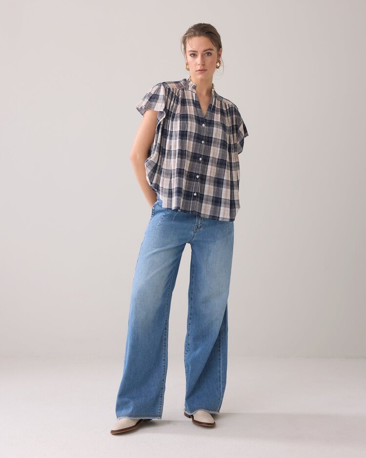 Sleeveless blouse crinkle check navy noir Summum Woman