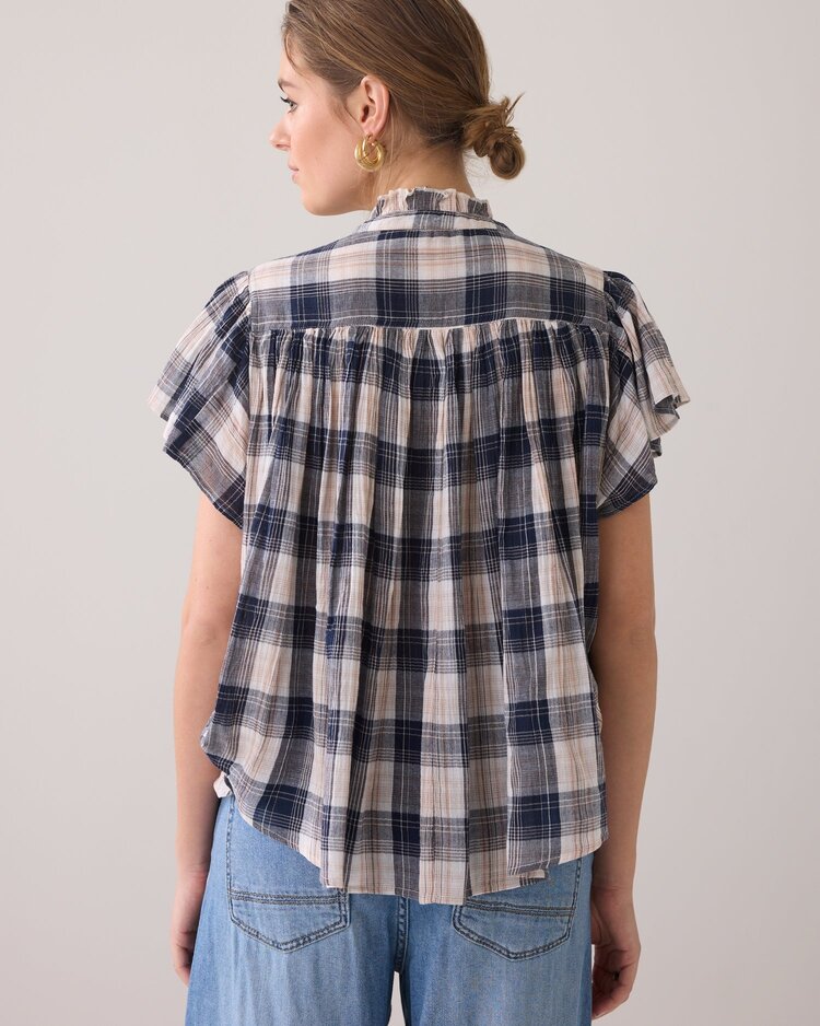 Sleeveless blouse crinkle check navy noir Summum Woman