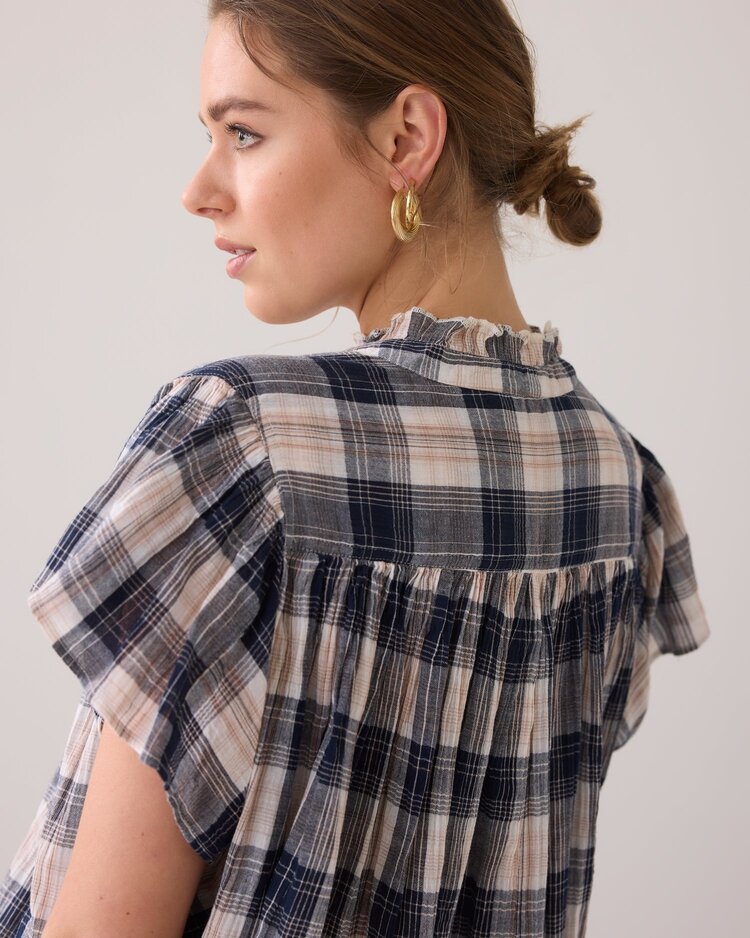 Sleeveless blouse crinkle check navy noir Summum Woman