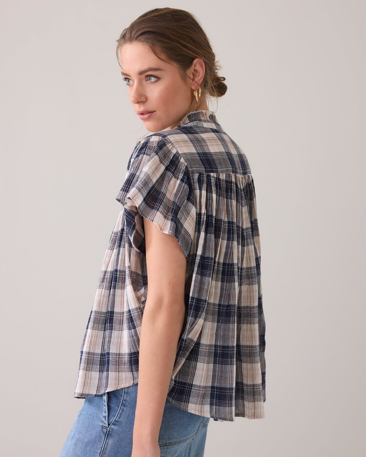 Summum Woman Sleeveless blouse crinkle check navy noir Summum Woman