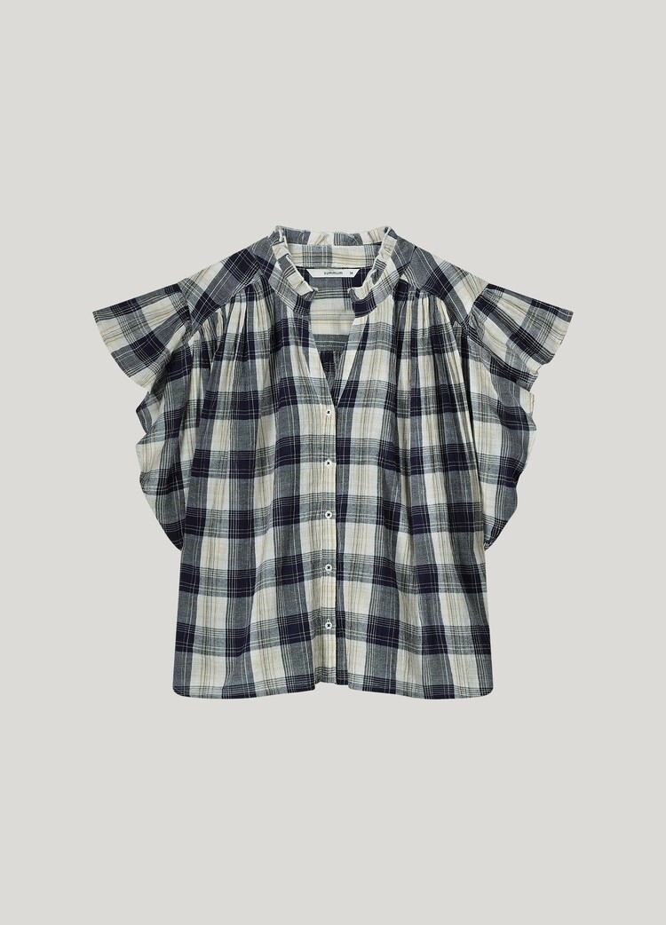 Sleeveless blouse crinkle check navy noir Summum Woman