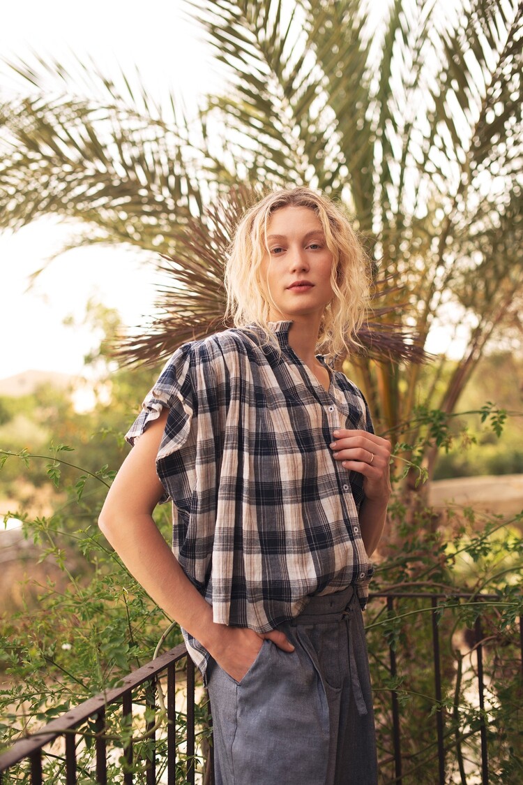 Summum Woman Sleeveless blouse crinkle check navy noir Summum Woman