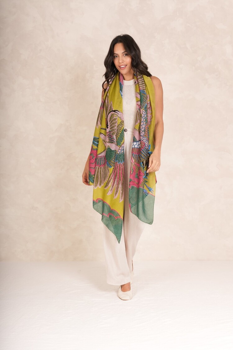 Scarf Crane Olive One Hundred Stars