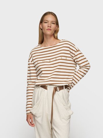 Boat neck top stripes ecru/suede