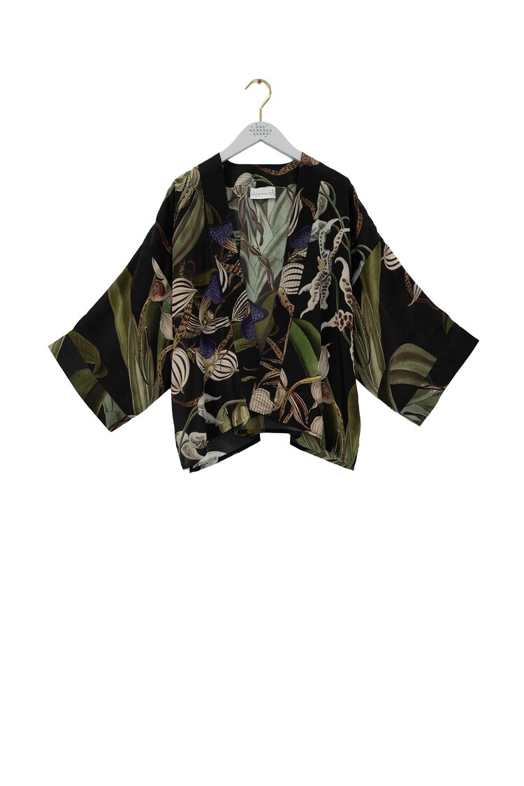 Crepe Kimono Orchid Black One Hundred Stars
