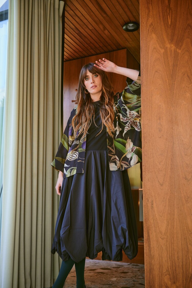 Crepe Kimono Orchid Black One Hundred Stars