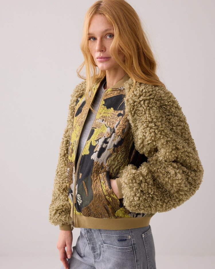 Jacket bomber jacquard teddy mix green lentil Summum Woman