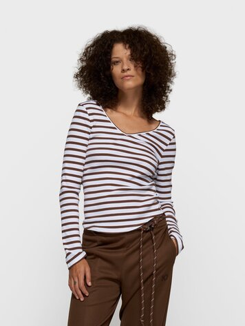 10DAYS V-neck ballet top stripes white/dark truffle