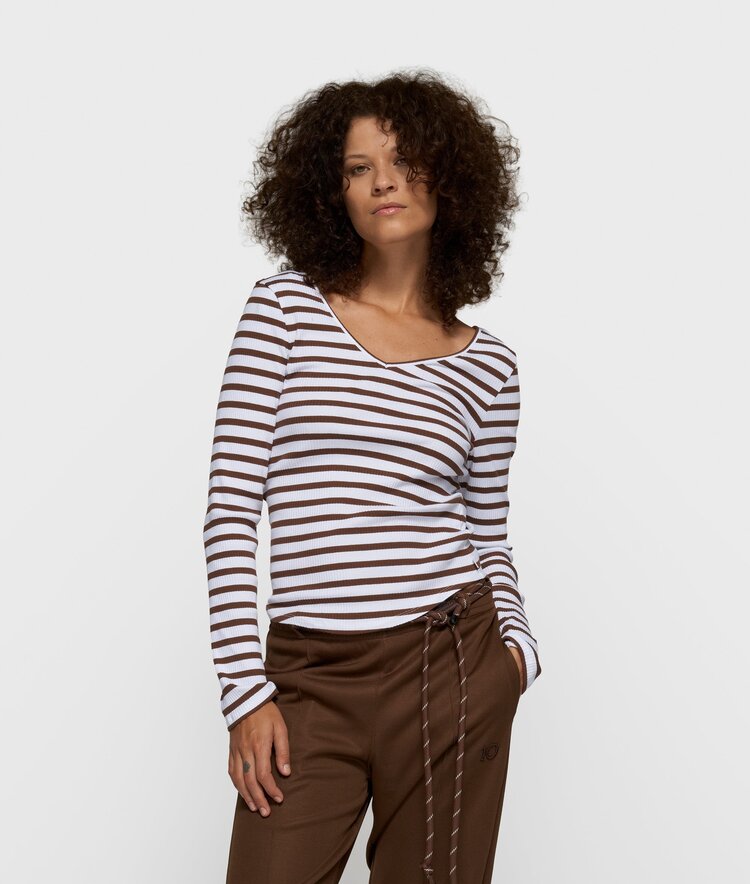 10DAYS V-neck ballet top stripes white/dark truffle 10Days
