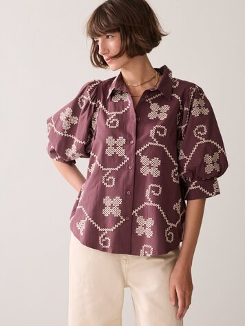 Summum Woman Blouse cotton embroidered deep fig