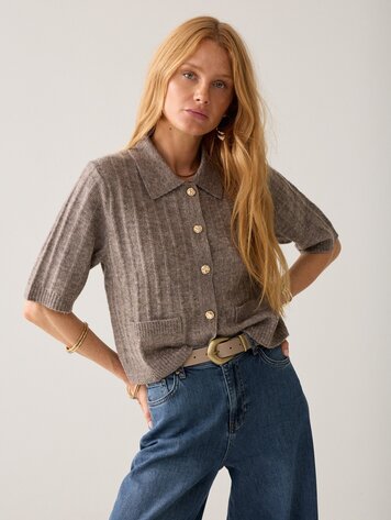 Summum Woman Short cardigan soft melange knit taupe