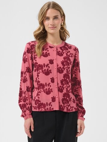 Cream Ruby blouse mauvewood with Cabernet flower