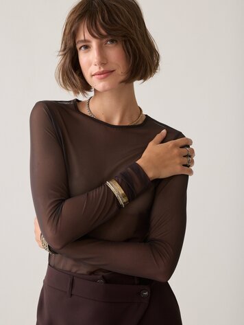Summum Woman Round neck top mesh solid dark chocolate