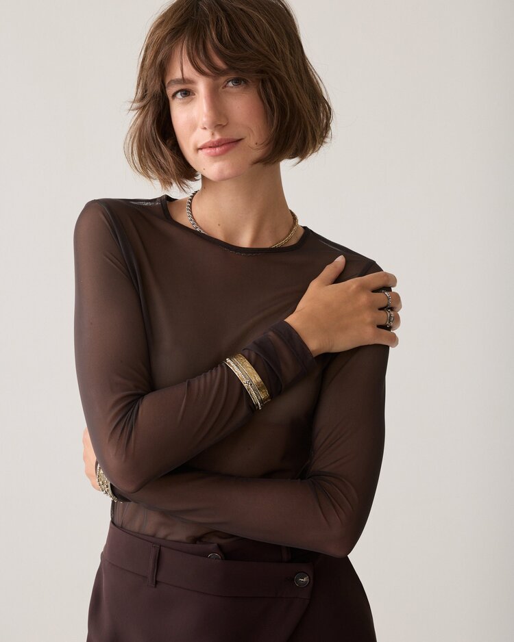 Summum Woman Round neck top mesh solid dark chocolateSummum Woman