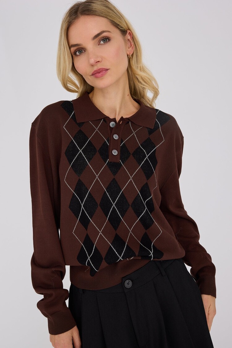 A-View Zaki knit polo blouse dark brown A-View
