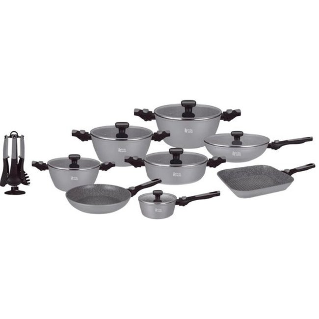 Royal Swiss  | 33 - Delige Steengoed Pannenset | PFAS-vrij – Afneembare handgrepen – Inclusief 6 potten, 2 pannen, 6 deksels en accessoires