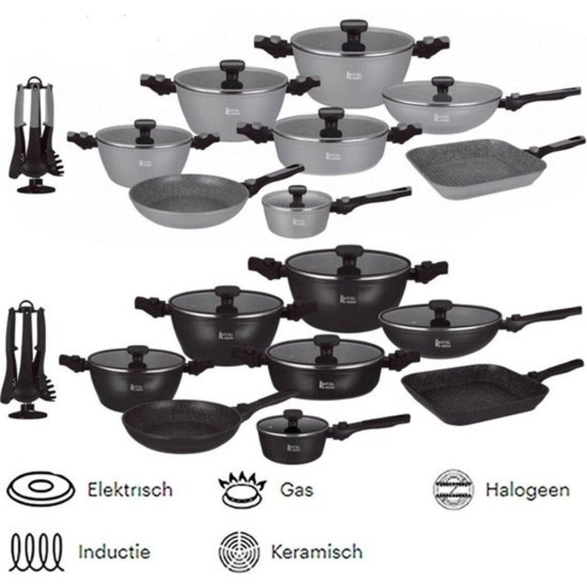 Royal Swiss | 33-Delige Steengoeden Pannenset | Afneembare handgrepen, 6 Potten + 2 Pannen + Pollepelbodem + 2 Pollepels + 6 Deksels + 12 Handgrepen + Accessoire. | PFAS-Vrij