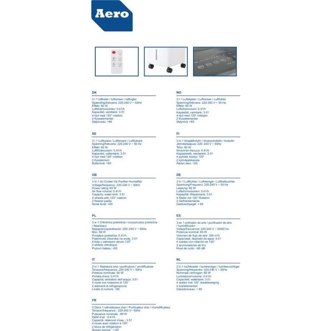 Aero® LED Mobiele Aircooler 3 in 1 | Lucht Koeler - Bevochtiger - Reiniger / Zuiveraar | Met Afstandsbediening