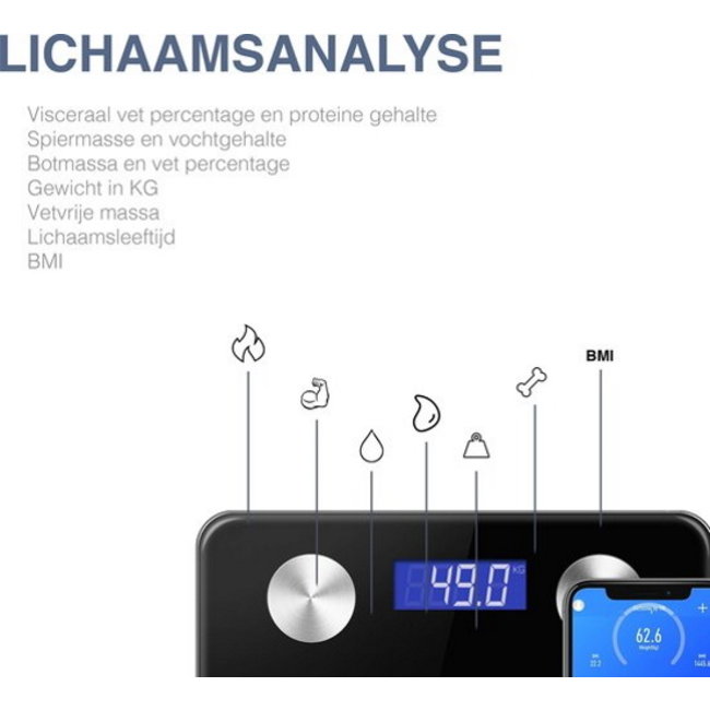 Swiss Homes® | Slimme Digitale Personenweegschaal -Met Bluetooth en App - Lichaamsanalyse Personenweegschaal - Gepantserd Glas - Inclusief Batterijen