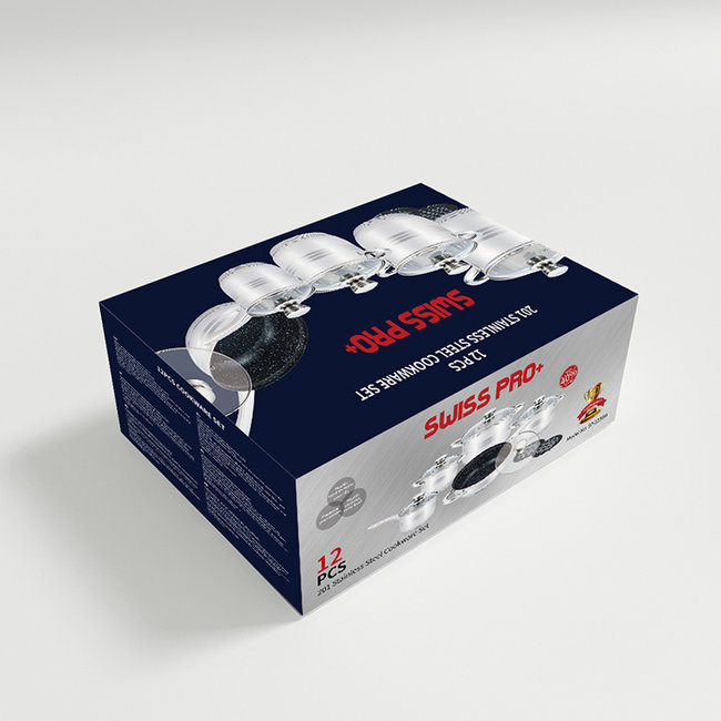 Swiss Pro+ | Luxe Pannenset / Kookgerei - 12 Delig - RVS/INOX - met Glazen Deksels en Marmeren Koekenpan - 1230M