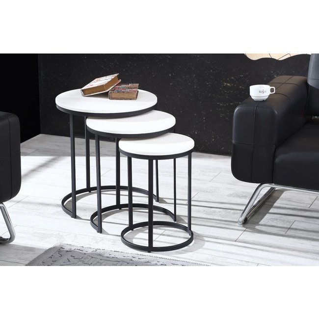 Swiss Homes® | Salontafel Set van 3 - Hout / Wit | Industrieel - Ø50 / Ø 50 / Ø 55 cm - MDF | Zwart Metalen Frame
