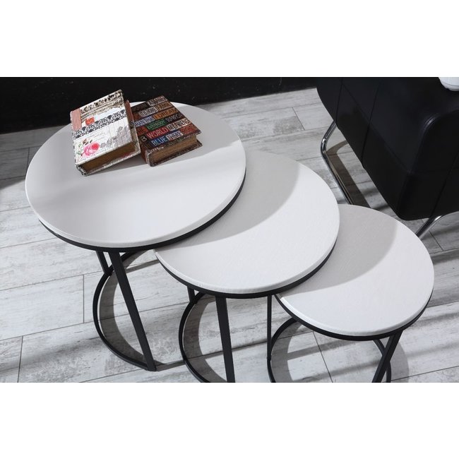 Swiss Homes® | Salontafel Set van 3 - Hout / Wit | Industrieel - Ø50 / Ø 50 / Ø 55 cm - MDF | Zwart Metalen Frame