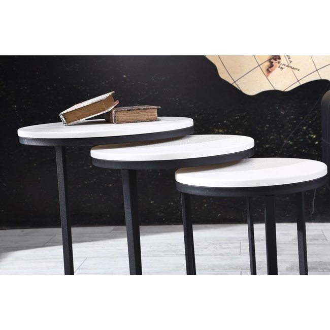 Swiss Homes® | Salontafel Set van 3 - Hout / Wit | Industrieel - Ø50 / Ø 50 / Ø 55 cm - MDF | Zwart Metalen Frame
