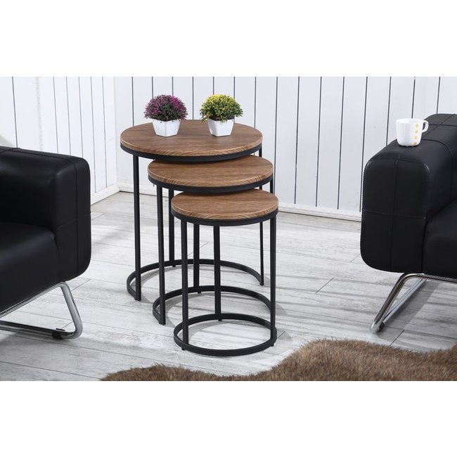 Swiss Homes® | Salontafel Set van 3 - Hout / Vintage / Bruin | Industrieel - Ø50 / Ø 50 / Ø 55 cm - MDF | Zwart Metalen Frame