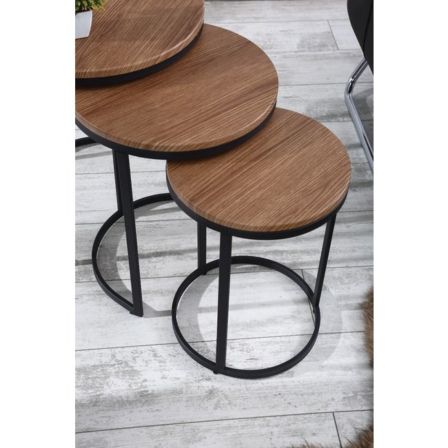 Swiss Homes® | Salontafel Set van 3 - Hout / Vintage / Bruin | Industrieel - Ø50 / Ø 50 / Ø 55 cm - MDF | Zwart Metalen Frame