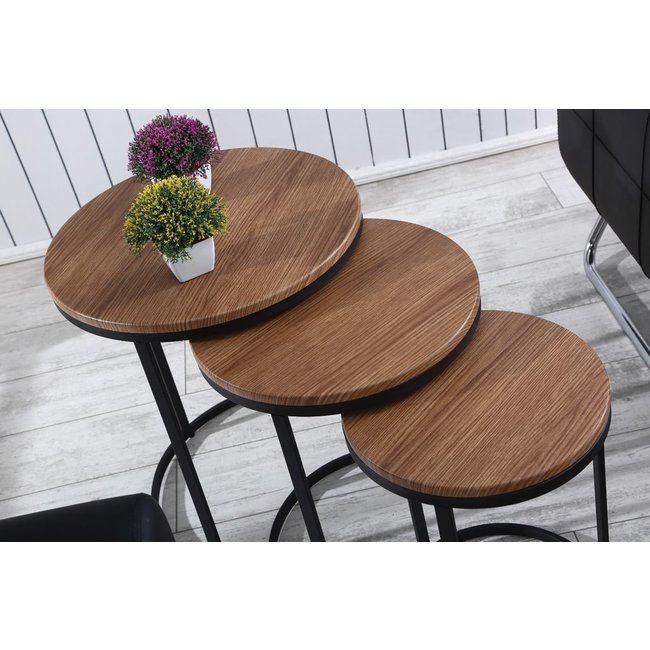 Swiss Homes® | Salontafel Set van 3 - Hout / Vintage / Bruin | Industrieel - Ø50 / Ø 50 / Ø 55 cm - MDF | Zwart Metalen Frame