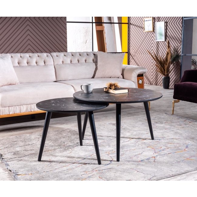 Swiss Homes® | Salontafel Set van 2 - Marmer Look - Ø80 / Ø 80 / Ø 45 cm | Lotus Zwart - MDF