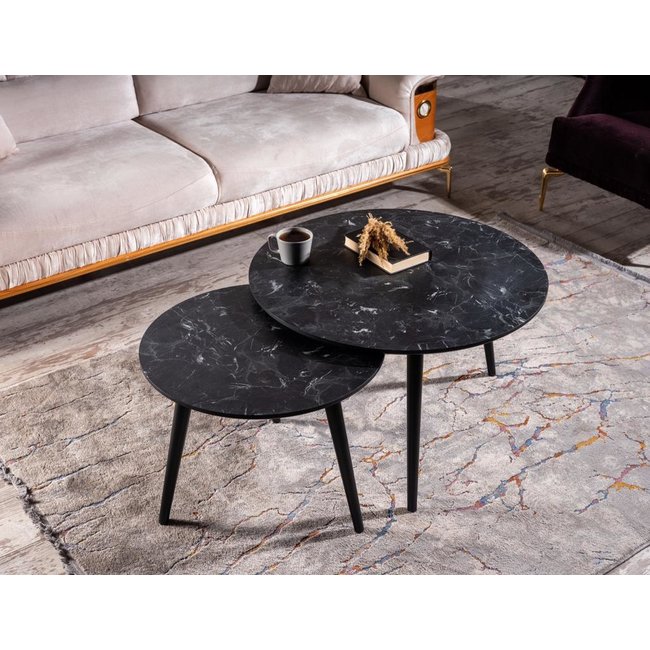 Swiss Homes® | Salontafel Set van 2 - Marmer Look - Ø80 / Ø 80 / Ø 45 cm | Lotus Zwart - MDF