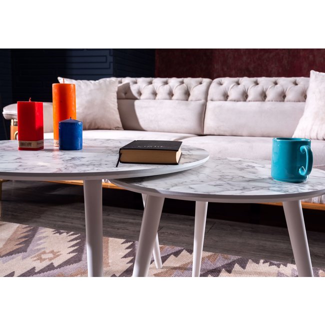 Swiss Homes® | Salontafel Set van 2 - Marmer Look - Ø80 / Ø 80 / Ø 45 cm | Carrara Wit - MDF