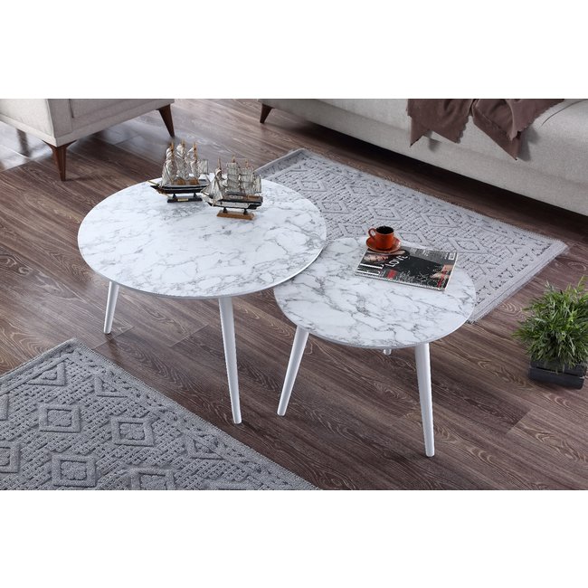 Swiss Homes® | Salontafel Set van 2 - Marmer Look - Ø80 / Ø 80 / Ø 45 cm | Carrara Wit - MDF