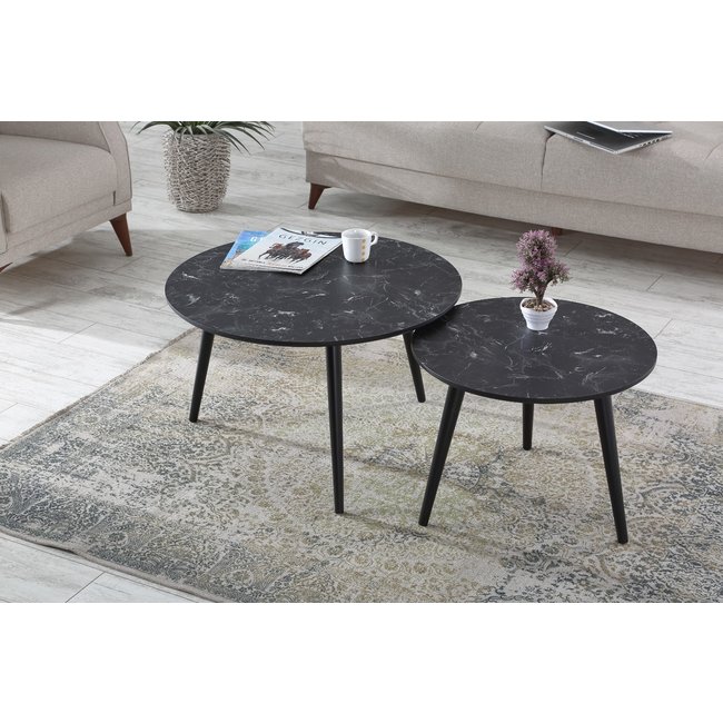 Swiss Homes® | Salontafel Set van 2 - Marmer Look - Ø80 / Ø 80 / Ø 45 cm | Lotus Zwart - MDF