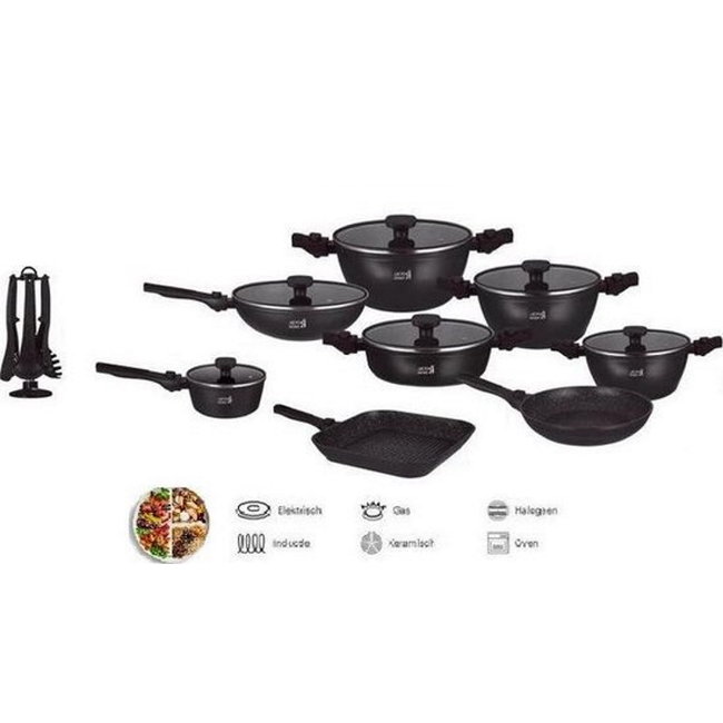 Royal Swiss | 33-Delige Steengoeden Pannenset | Afneembare handgrepen, 6 Potten + 2 Pannen + Pollepelbodem + 2 Pollepels + 6 Deksels + 12 Handgrepen + Accessoire. | PFAS-Vrij