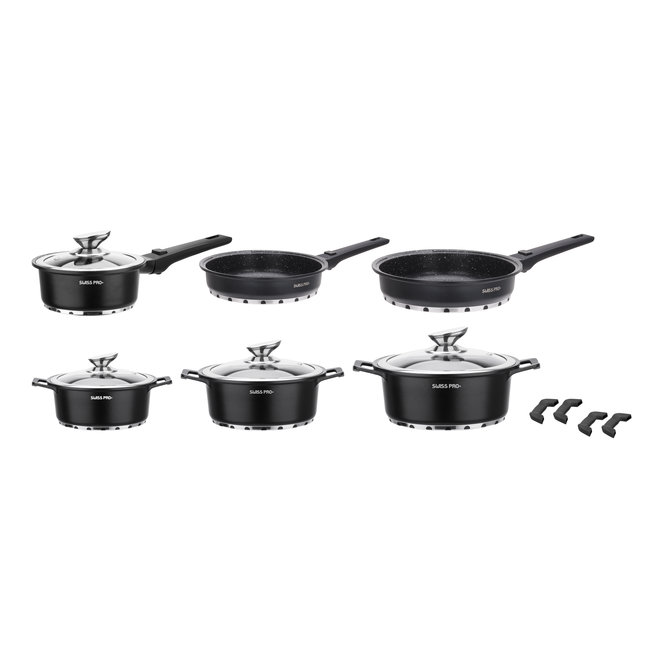 Swiss Pro+ | Luxe 14-delige Pannenset | Inductie – Marmeren interieur – Afneembare handgreep – PFAS-vrij | Sapphire Edition (Zwart)