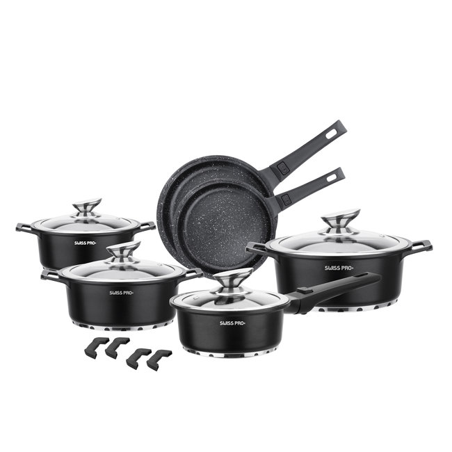 Swiss Pro+ | Luxe 14-delige Pannenset | Inductie – Marmeren interieur – Afneembare handgreep – PFAS-vrij | Sapphire Edition (Zwart)