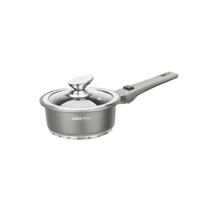 Swiss Pro+ | Luxe 14-delige Pannenset | Inductie – Marmeren interieur – Afneembare handgreep – PFAS-vrij | Metallic Edition (Grijs / Zilver)