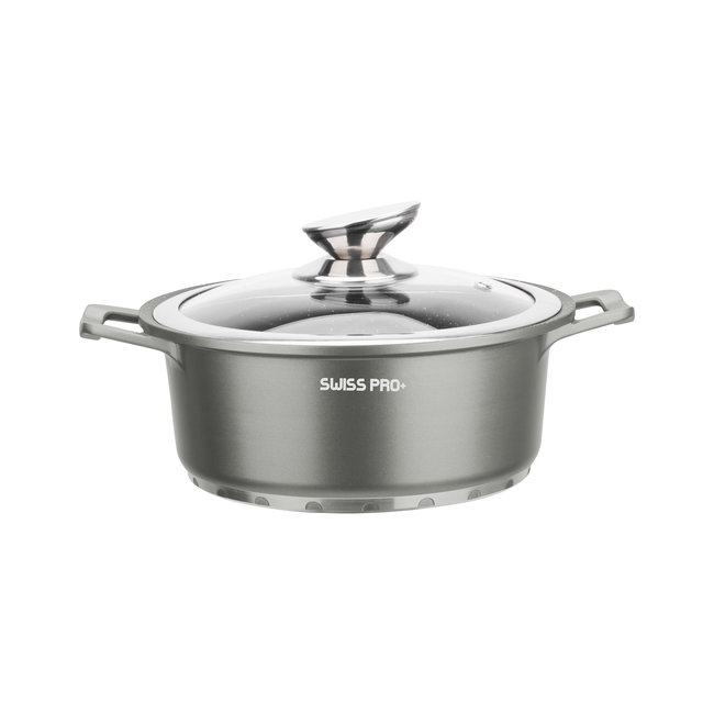 Swiss Pro+ | Luxe 14-delige Pannenset | Inductie – Marmeren interieur – Afneembare handgreep – PFAS-vrij | Metallic Edition (Grijs / Zilver)