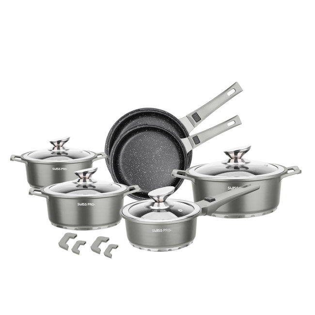 Swiss Pro+ | Luxe 14-delige Pannenset | Inductie – Marmeren interieur – Afneembare handgreep – PFAS-vrij | Metallic Edition (Grijs / Zilver)