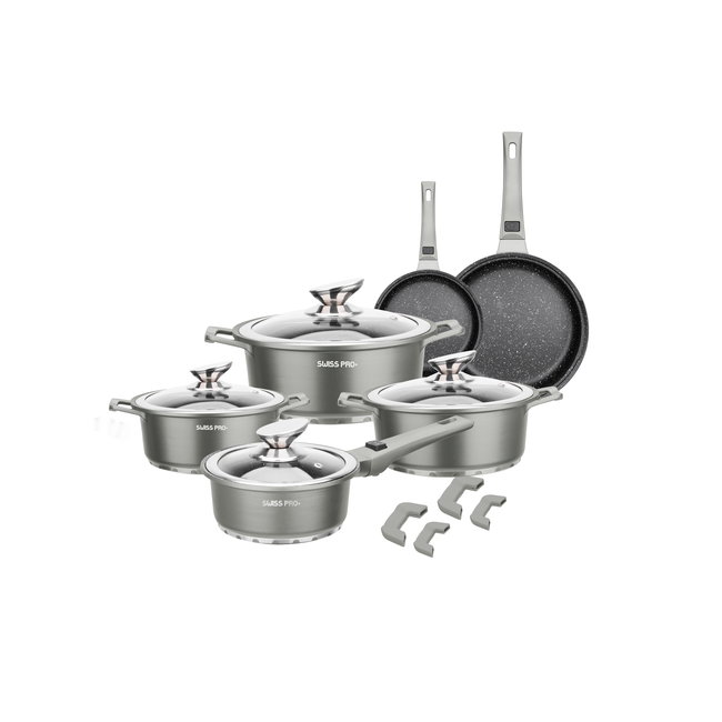Swiss Pro+ | Luxe 14-delige Pannenset | Inductie – Marmeren interieur – Afneembare handgreep – PFAS-vrij | Metallic Edition (Grijs / Zilver)