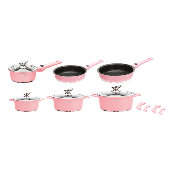 Swiss Pro+ | Luxe 14-delige Pannenset | Inductie – Marmeren interieur – Afneembare handgreep – PFAS-vrij | Retro Pink Edition (Roze)