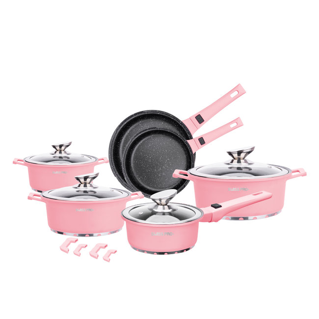 Swiss Pro+ | Luxe 14-delige Pannenset | Inductie – Marmeren interieur – Afneembare handgreep – PFAS-vrij | Retro Pink Edition (Roze)