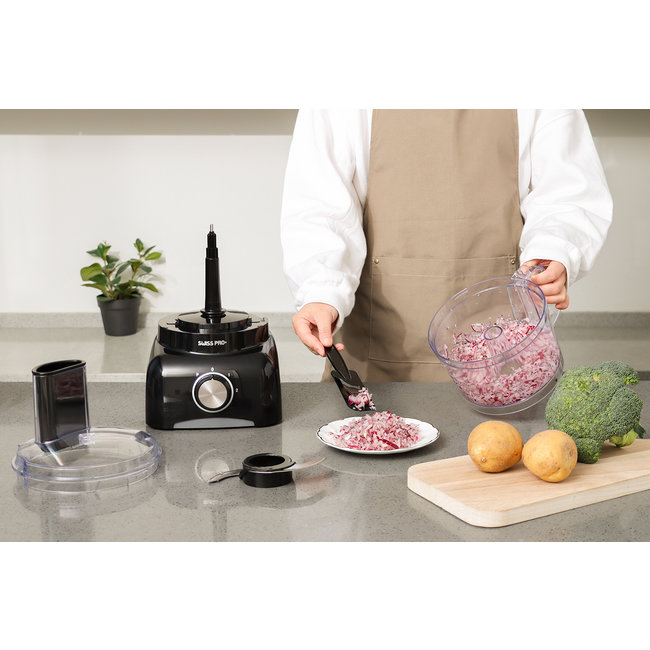 Swiss Pro+  | Krachtige SP800 Retro Line Foodprocessor - 1.2 Liter - 13 Delig | Inclusief accessoires | Super Black