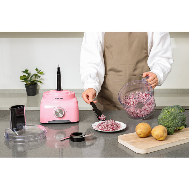 Swiss Pro+  | Krachtige SP800 Retro Line Foodprocessor - 1.2 Liter - 13 Delig | Inclusief accessoires | Super Pink