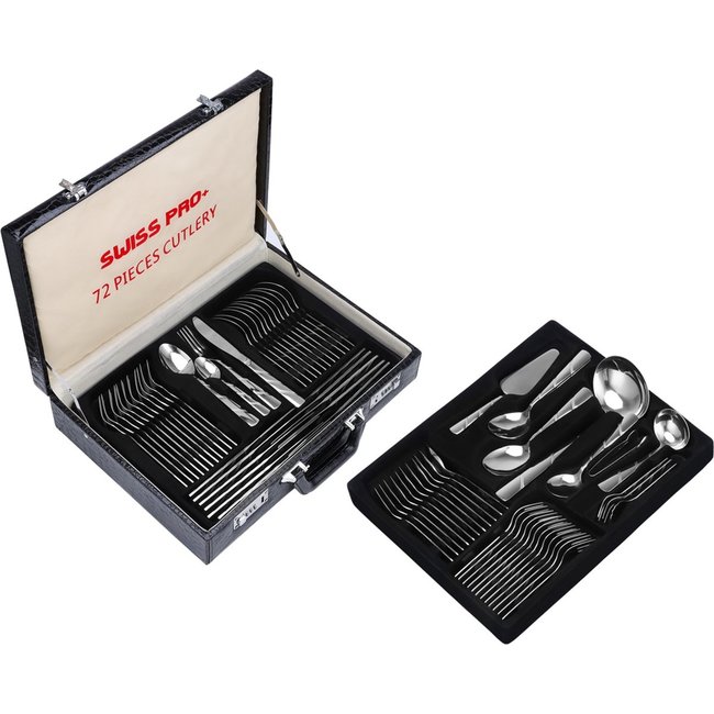 Swiss Pro+ | Bestekset in Koffer - 72 delig - 12 persoons- Zwitsers Kwaliteit - Complete Set - 100% roestvrijstaal - Modern